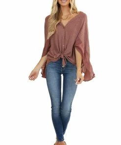 Listicle Mauve Waffle Knit Button Up Top With Trumpet Sleeves Tops