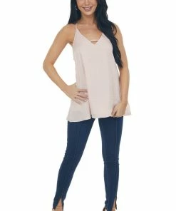 Caramela Tops Blush Racerback Satin Woven Camisole With Neckline Strap