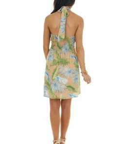 Illa Illa Dresses Dusty Apricot Tropical Print Halter Neck Dress 16 Illa Illa Dresses Dusty Apricot Tropical Print Halter Neck Dress