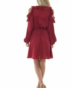 Hailey & Co Maroon Red Cold Shoulder V Neck Short Dress