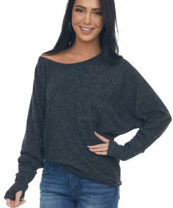 BiBi Tops Charcoal Dolman Sleeve Brushed Knit Top