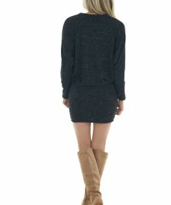 143 Story Heathered Black Blouson Sweater Dress