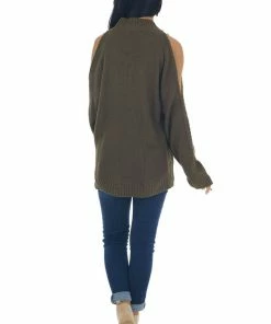 Miss Sparkling Army Green Cold Shoulder Cable Knit Sweater