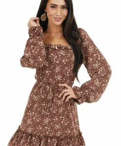 Peach Love Dresses Chocolate Floral Print Long Sleeve Dress With Elastic Waist