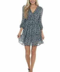 Umgee Dresses Black And Ivory Floral Long Sleeve Woven Dress