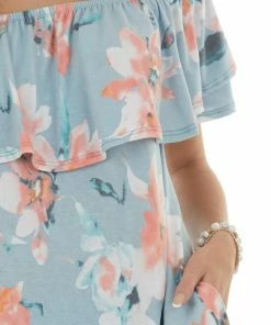Sweet Lovely Sky Floral Off Shoulder Overlay Mini Dress Dresses
