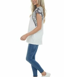 Lime Lush Ivory Knit Top With Multiprint Sleeves And Embroidery 24 Lime Lush Ivory Knit Top With Multiprint Sleeves And Embroidery