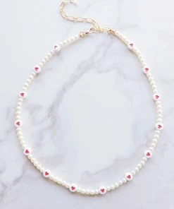 Fame Accessories Gold Pearl Necklace With Heart Detail Beads