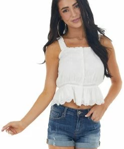 Paper Crane Pearl Sleeveless Button Up Lace Tank Top