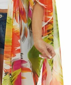 Caramela Tops Neon Orange Abstract Floral Open Front Kimono 30 Caramela Tops Neon Orange Abstract Floral Open Front Kimono