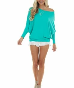 Charlotte Avery Tops Aquamarine Round Neck Top With Long Dolman Sleeves