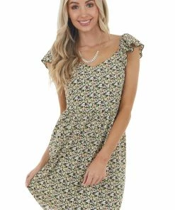 Ces Femme Black Ditsy Floral Short Dress With Back Smocked Detail