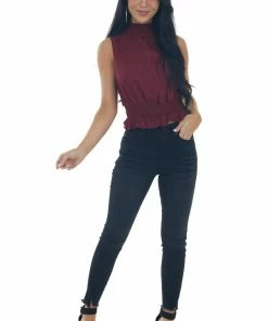 She + Sky Tops Wine Jacquard Sleeveless Mock Neck Peplum Top