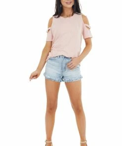 Vanilla Bay Peach Short Sleeve Stretchy Knit Top With Cold Shoulder Tops