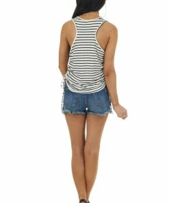 143 Story Tops Ivory Striped Sleeveless Top With Ruched Side Detail