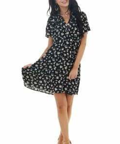Umgee Black Ditsy Floral Tiered Babydoll Short Dress With Collar