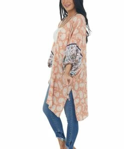 Entro Tops Melon Floral Paisley Print 1/2 Sleeve Kimono 28 Entro Tops Melon Floral Paisley Print 1/2 Sleeve Kimono