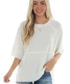 Ces Femme Tops Eggshell Flowy Knit Top With Raw Edge Details