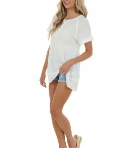 Jodifl Pearl Short Sleeve Henley Waffle Knit Top