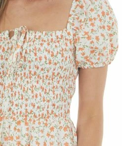 Sweet Lemon Ivory And Sunset Floral Smocked Short Dress