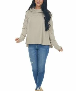 Blue B Oatmeal Cowl Neck Long Sleeve Brushed Knit Top Tops