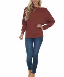 Hayden Tops Rust Off Shoulder Ribbed Knit Top With Zipper Detail