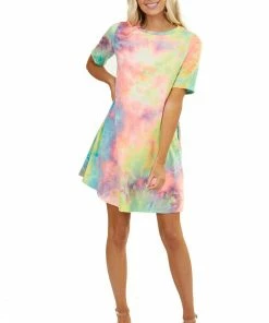 Lime 'N' Chili Multicolor Tie Dye Short Sleeve Dress With Side Pockets 28 Lime 'N' Chili Multicolor Tie Dye Short Sleeve Dress With Side Pockets