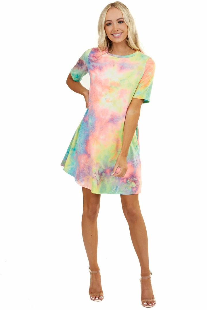 Lime 'N' Chili Multicolor Tie Dye Short Sleeve Dress With Side Pockets 13 Lime 'N' Chili Multicolor Tie Dye Short Sleeve Dress With Side Pockets