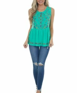 Umgee Tops Kelly Green Floral Embroidered Drop Waist Top