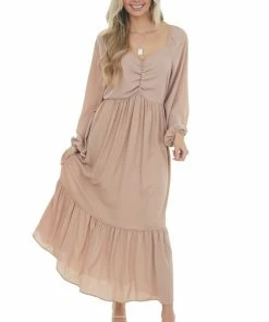 Haptics Light Rose Taupe Ruched Long Sleeve Maxi Dress Dresses