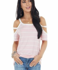 7th Ray Baby Pink And Ivory Striped Strappy Cold Shoulder Top Tops