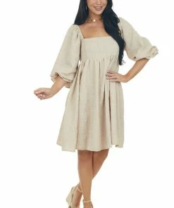 Sweet Lemon Beige Textured Woven Babydoll Short Dress