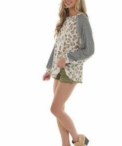 Jodifl Tops Cream Leopard Print Top With Striped Raglan Sleeve Contrast