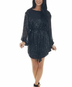 Vine & Love Dresses Black Sequined Bubble Sleeve Short Dress