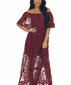 Wishlist Dresses Wine Lace Ruffle Off The Shoulder Maxi Dress