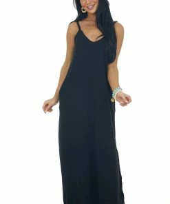 ZENANA Dresses Black Sleeveless Knit Maxi Dress With Pockets