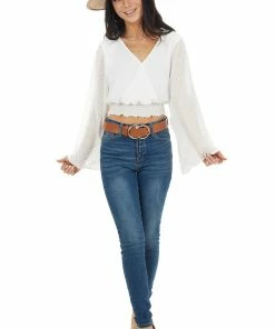 Peach Love Tops Pearl Swiss Dot Long Kimono Sleeve Crop Top With Tie Detail