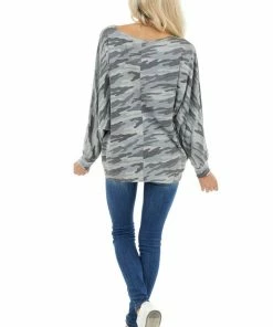 BiBi Tops Charcoal Camo Print Long Dolman Sleeve Knit Top