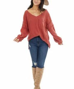 White Birch Tops Rust Long Sleeve Waffle Knit Top With Pocket And Side Slits