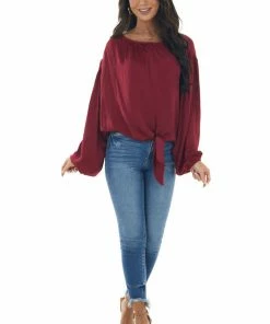 L Love Maroon Bubble Sleeve Blouse With Tie Detail Tops 12 L Love Maroon Bubble Sleeve Blouse With Tie Detail Tops