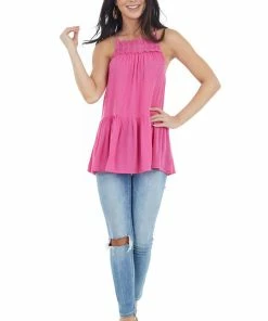 Staccato Hot Pink Swiss Dot Tank Top With Floral Crocheted Lace Neck 30 Staccato Hot Pink Swiss Dot Tank Top With Floral Crocheted Lace Neck