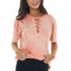 Davi & Dani Tops Coral Tie Dye Lace Up V Neck Short Sleeve Tee
