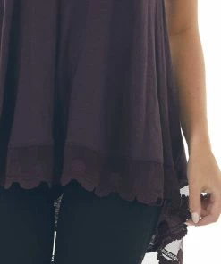 ANGIE Eggplant Knit Tank Top With Scalloped Lace Hemline Tops