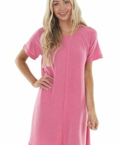 Ces Femme Heathered Hibiscus Short Swing Dress With Raw Edge Details