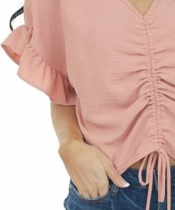 Entro Tops Hazy Salmon V Neck Ruched Ruffle Sleeve Blouse