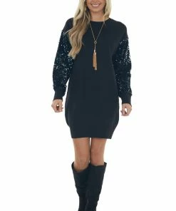 Lush Clothing Black Long Sequin Sleeve Knit Sweater Dress Dresses 30 Lush Clothing Black Long Sequin Sleeve Knit Sweater Dress Dresses
