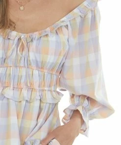 Entro Peach And Lavender Gingham Tiered Short Dress