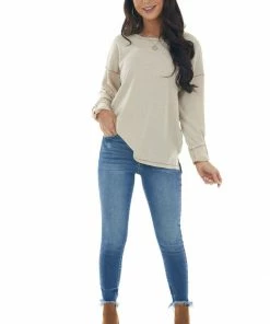 She + Sky Almond Long Sleeve Top With Leopard Print Back Tops 14 She + Sky Almond Long Sleeve Top With Leopard Print Back Tops