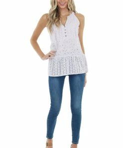 Staccato Lilac Tiered Eyelet Lace Sleeveless Top With Button Detail Tops 29 Staccato Lilac Tiered Eyelet Lace Sleeveless Top With Button Detail Tops