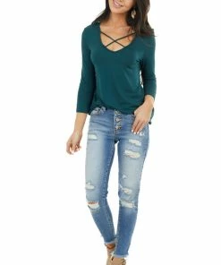 Lime 'N' Chili Pine Green 3/4 Sleeve Knit Top With Criss Cross Details 30 Lime 'N' Chili Pine Green 3/4 Sleeve Knit Top With Criss Cross Details